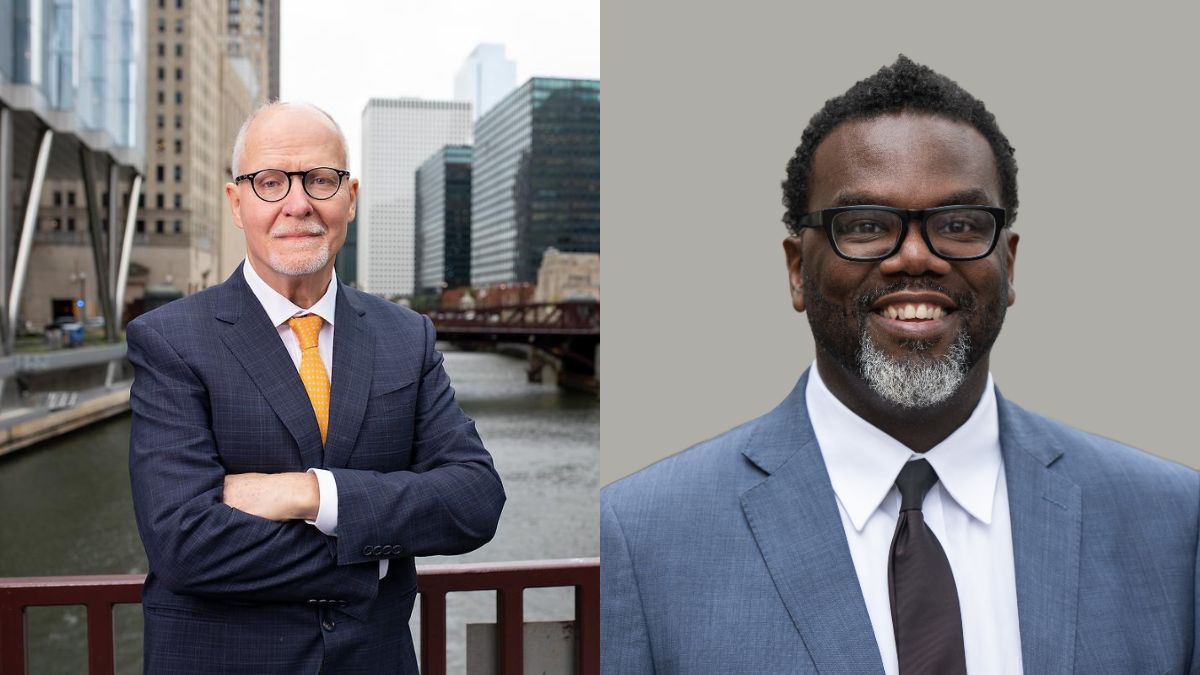 portraits of the two mayoral runoff candidates for chicago