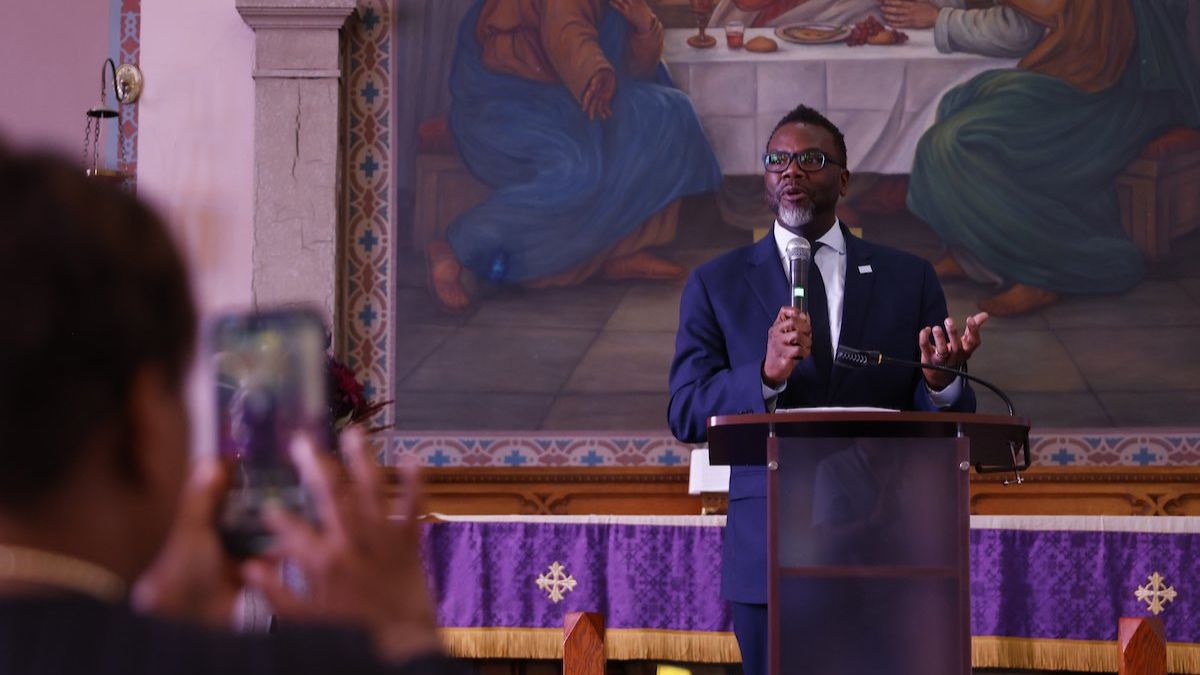 Brandon Johnson speaks at the Community Celebration held in his honor