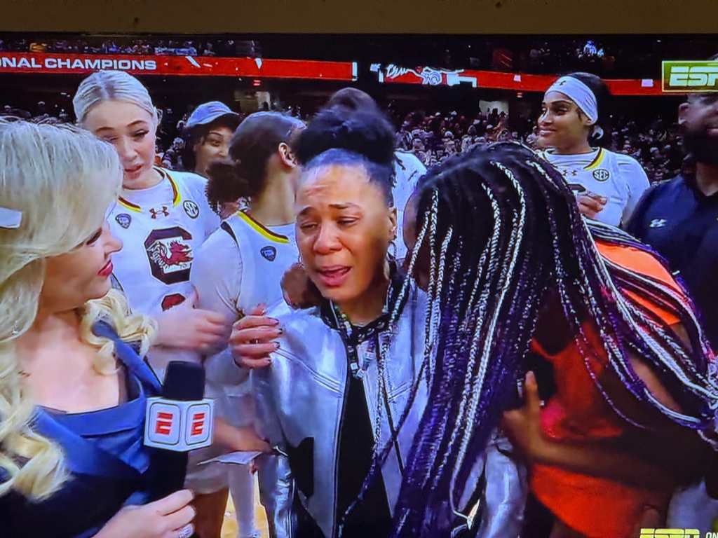 South Carolina Gamecocks Head Coach Dawn Staley emotional after her team wins 3rd Title.