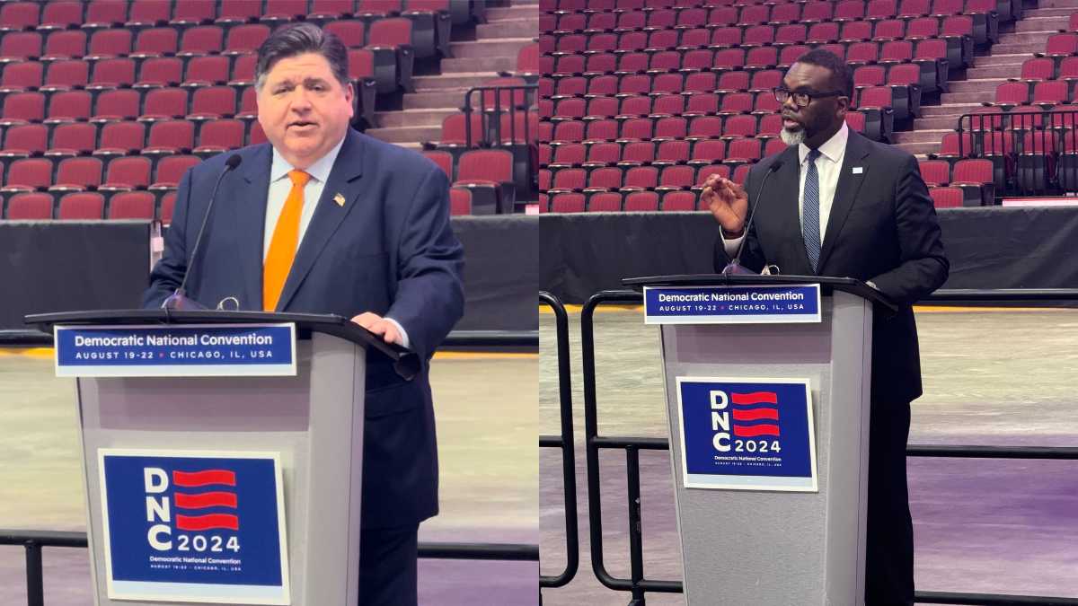 Gov. JB Pritzker and Mayor Brandon Johnson address media members at the 2024 DNC Spring Walkthrough at the United Center