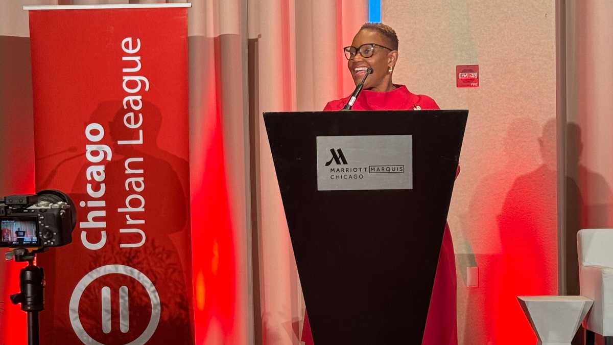Chicago Urban League President and CEO Karen Freeman-Wilson delivers opening remarks at the CUL's 2024 Policy Summit .