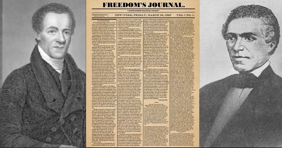 L-R: Samuel Cornish. First printing of Freedom's Journal. John Russworm. Credit: Public Domain/Wikimedia Commons